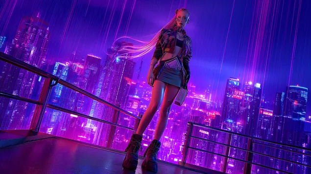 Mulher com documentos no telhado, cena de chuva em cidade cyberpunk 2K papel de parede