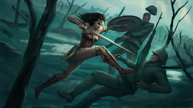 Wonder Women combattono con i soldati 4K sfondo