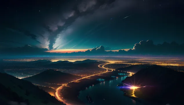 Peizazh i mrekullueshëm anime në dritat e qytetit gjatë natës 4K sfond