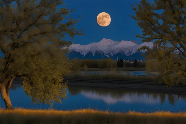 Pamje e mrekullueshme e natës së hënës së plotë që reflekton në liqen 2K sfond