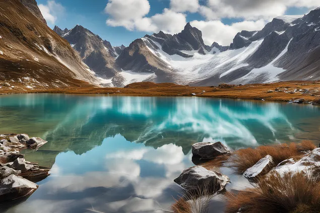 Underbar sjöutsikt med snöiga berg och moln 2K bakgrund