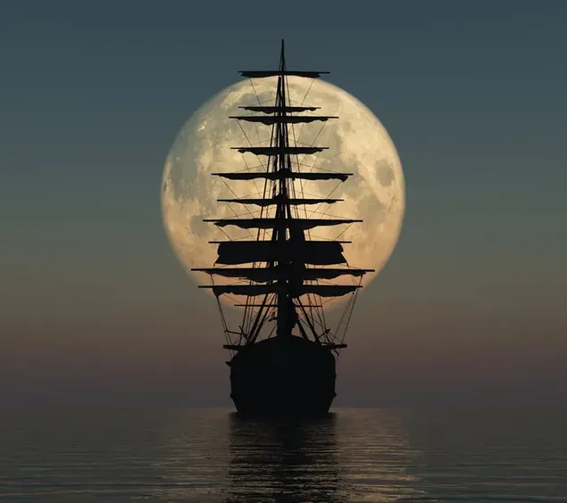 Maravillosa silueta del barco navegando a la majestuosa luz de luna llena