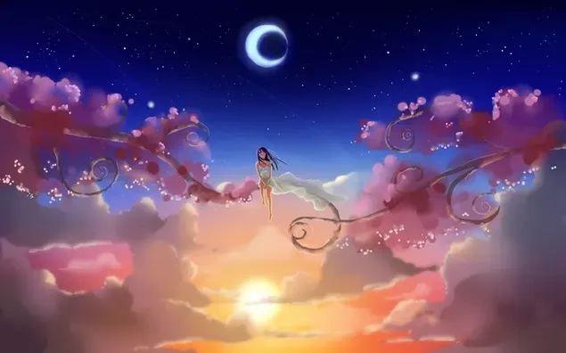 Prachtig uitzicht op het anime-meisje dat in de lucht zit met uitzicht op de halve maan en de sterren 4K achtergrond