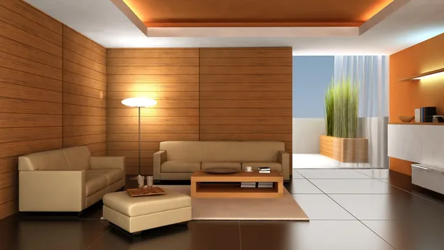 Diseño de sala de estar enchapada en madera 4K fondo de pantalla
