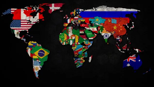 Mapa del mundo con ilustraciones de banderas 4K fondo de pantalla