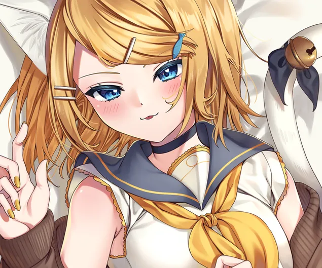 Wunderschönes Anime-Mädchen mit blonden Haaren und blauen Augen, das süß in einem weiß-blauen Kleid steht, das mit gelben Accessoires verziert ist