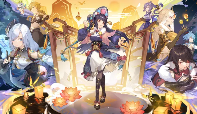 Xiangling och mer heta kvinnor av Ganshin Impact 6K bakgrund