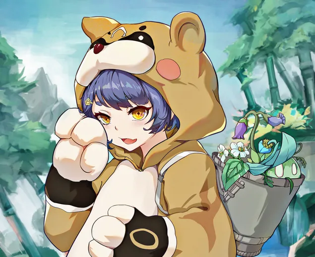 Xiangling bär en söt björndräkt | Ganshin Impact 2K bakgrund