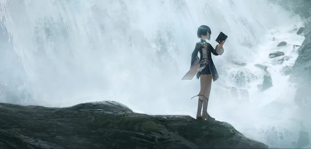 Xiangling läser sin medicinska bok i vattenfallet 2K bakgrund