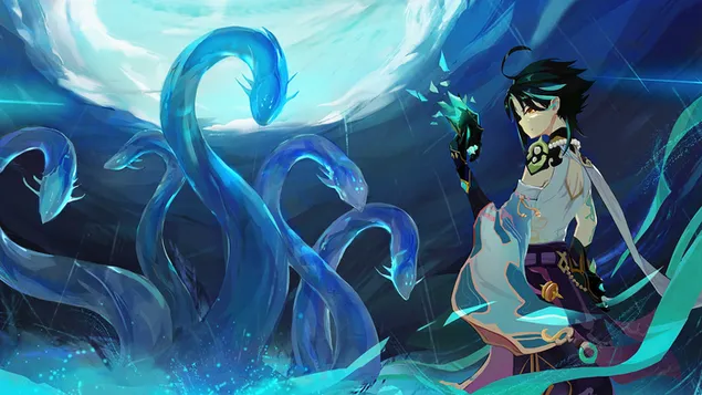 Xiao & the Water Serpent - Genshin Impact (Anime Video Game) 4K wallpaper