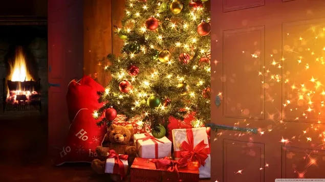 arbol de navidad y regalos 2K fondo de pantalla