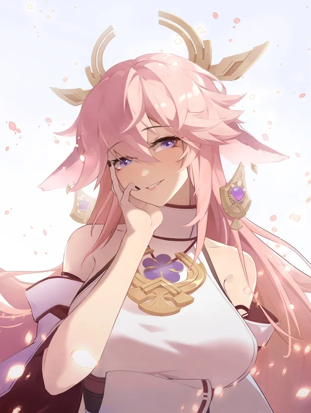 נערת אנימה של יא מיקו בידיים על הסנטר HD טפט