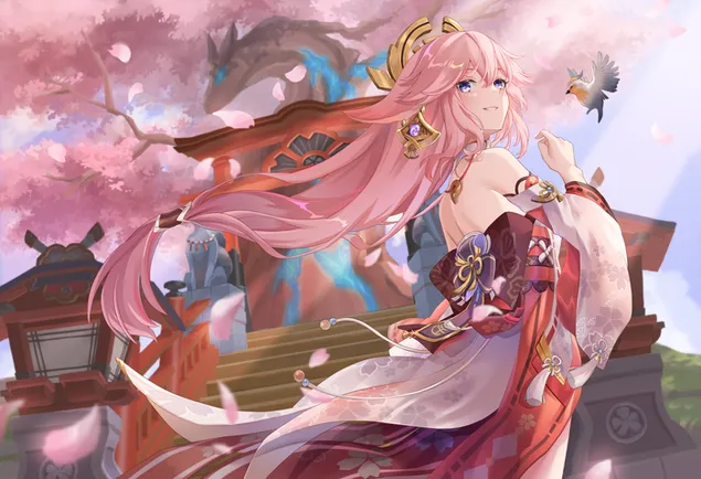 נערת אנימה של יא מיקו בתנוחת צד עם שיער ורוד 4K טפט