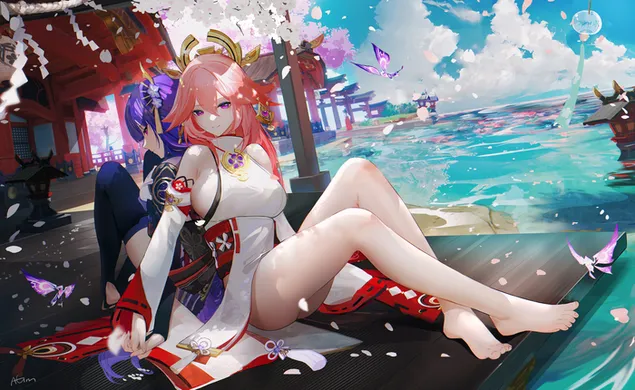 八重巫女和雷電將軍在美麗的池塘附近| 原神衝擊 HD 壁紙