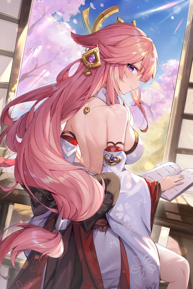 Tapeta Yae Miko čte svou magickou knihu | Genshinův dopad 2K