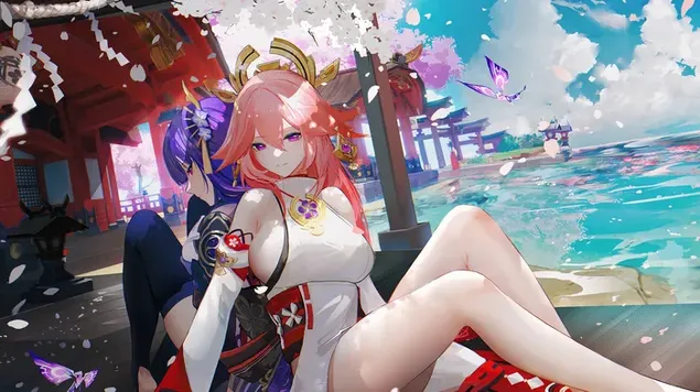 Yae Miko with Raiden Shogun - Genshin Impact（动漫电子游戏） 4K 壁纸