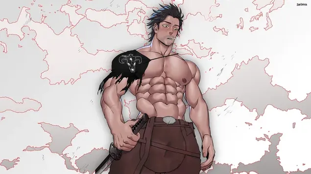 Yami Sukehiro, personaje guerrero de anime posando con su musculoso cuerpo frente al mapa