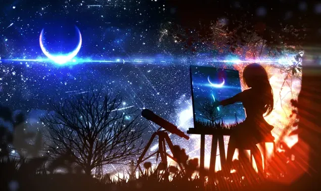 夜に半月、星、木を描いた美しいアニメの女の子
