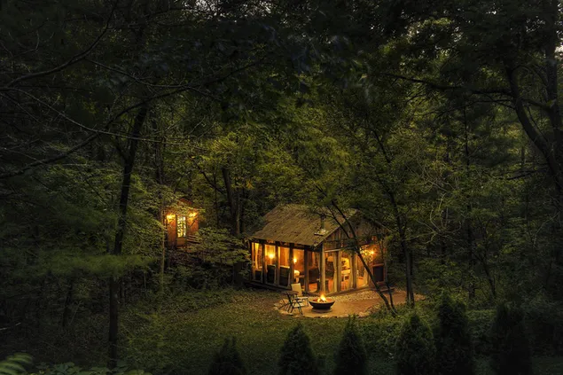 夜の森の小屋
