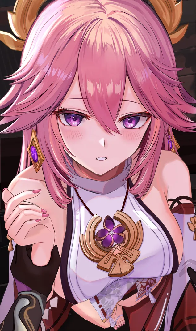 Иеа мико | прелепа аниме девојка са ружичастом косом (Гансхин Импацт) 2K позадина