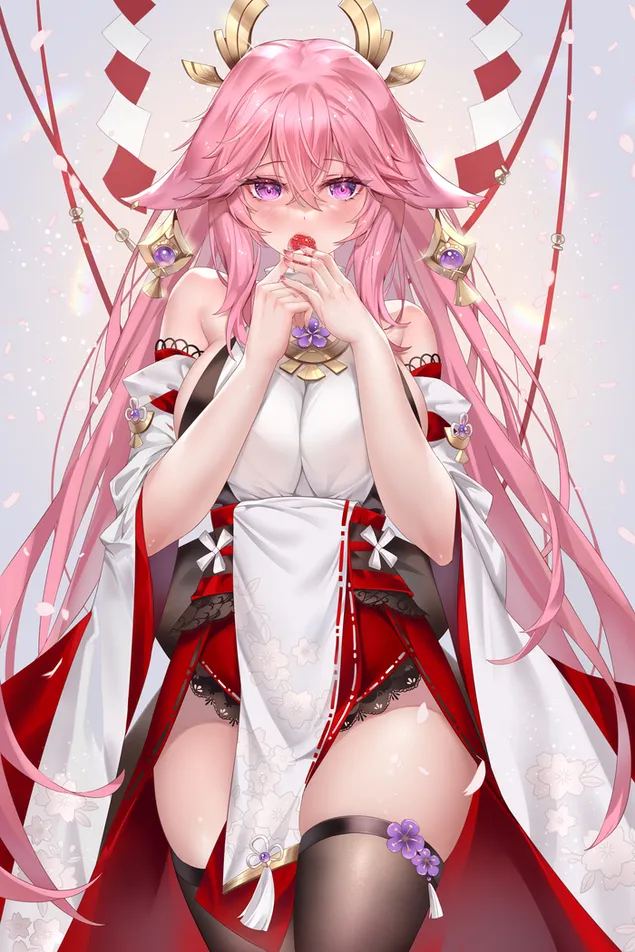 Yea Miko ดูน่ารักในขณะที่เลียสตรอเบอร์รี่ | ผลกระทบกันชิน 4K วอลเปเปอร์