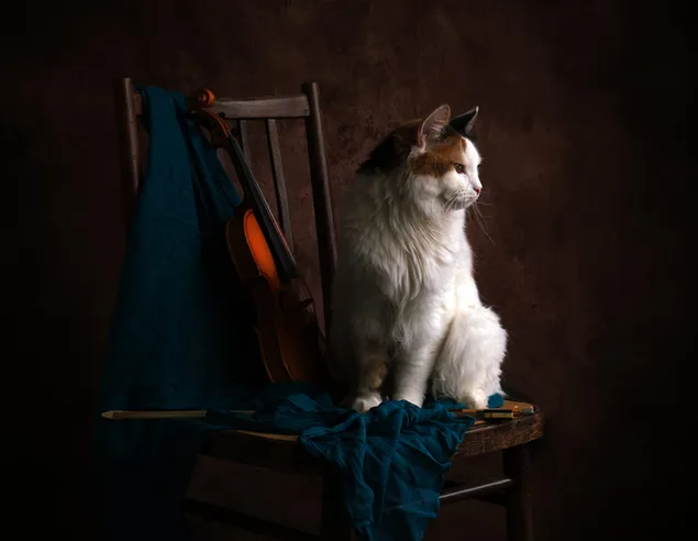 Yellow and white cute cat posing wonderfully on wooden vintage chair