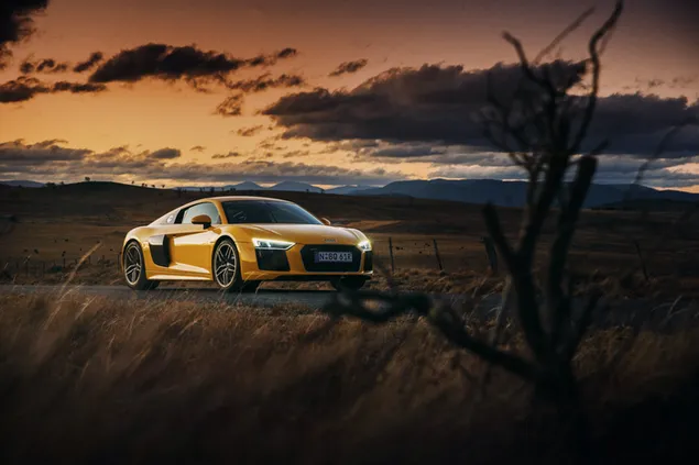Gele Audi R8 V10 rijden in de schemering download
