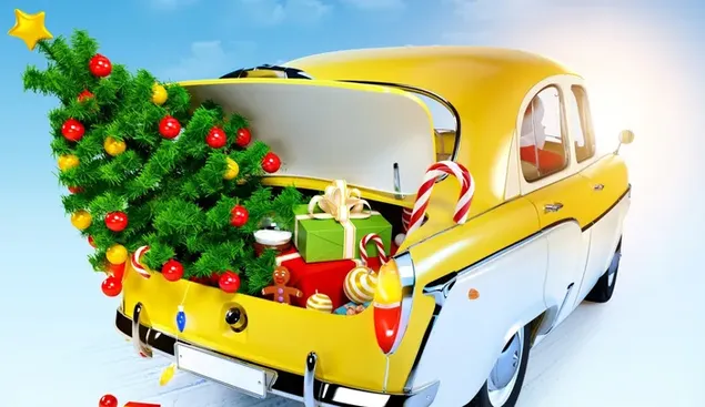Mobil kuning dengan hadiah Natal