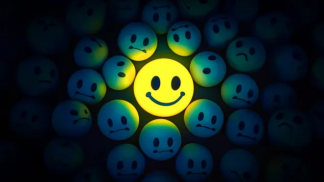 Žuti blistavi smajli emoji u tamnom okruženju 2K pozadina