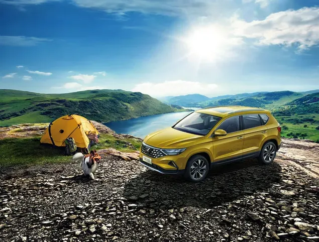 Yellow Jetta VS5 by the cliff with campers and a dog  4K wallpaper