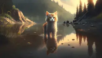 산 해안의 호수에 있는 노란 고양이 4K 배경화면