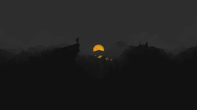 Lampu kuning bulan purnama dan pemandangan anime dari lingkungan gelap dengan latar belakang nada abu-abu
