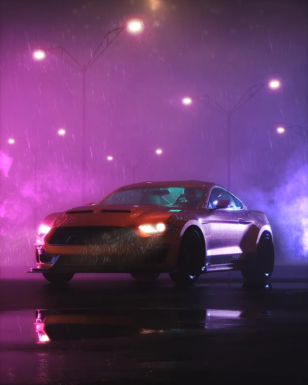Gelber Sportwagen auf der Straße in regnerischer Nacht 2K Hintergrundbild
