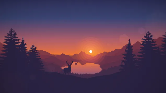 山の背後にある夕日の黄色の色調の光と、湖のほとりの鹿や木々のシルエット