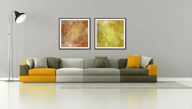 Sofá acolchado blanco y gris amarillo, diseño interior elegante 4K fondo de pantalla