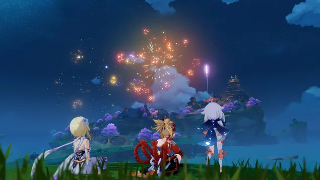 Yoimiya,Lumine & Piamon 看美丽的夜晚烟花 (Ganshin Impact) 2K 壁纸