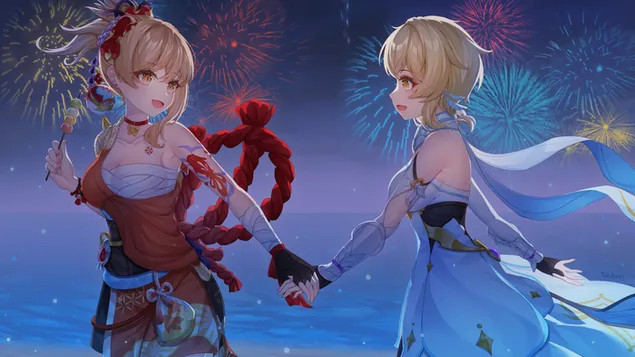 Yoimiya i Lumine junts a la nit del festival | Genshin Impact 4K fons de pantalla