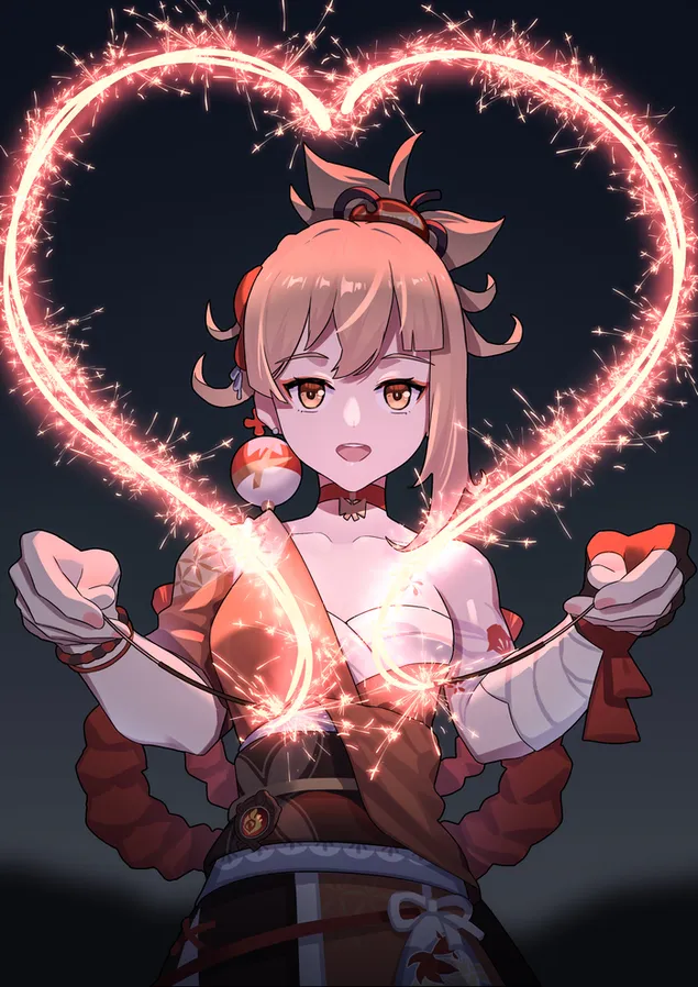 Yoimiya fet cor amb espurnes | Genshin Impact 2K fons de pantalla