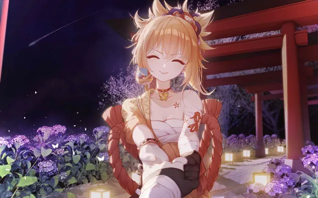 yoimiya lijep osmijeh i zvijezda padalica iza nje | genshin utjecaj preuzmi