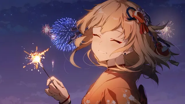 Йоимия се усмихва, за да гледа фойерверките на фестивалната нощ | Ganshin Impact 4K тапет