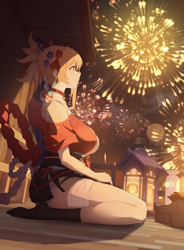 Yoimiya veient els focs artificials de la nit del festival | Impacte Genshin 4K fons de pantalla