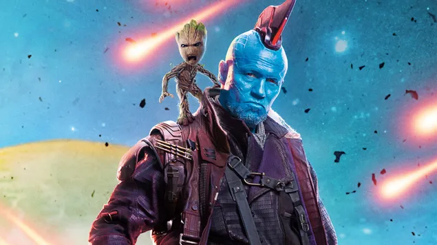 Yondu with blue skin color and baby Groot in front of blue yellow hues background