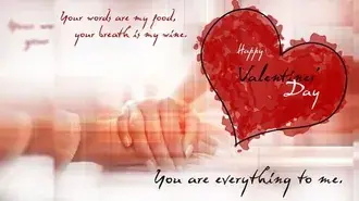 Du bist alles für mich, notiere mit rotem Herzen, Happy Valentines Day-Schriftzug und zwei Händen übereinander HD Hintergrundbild