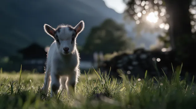 nuori vuohi seisoo ruohoisella pellolla lempeassa auringonnousussa lataa