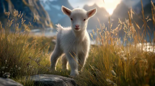 nuori vuorikauris niitylla auringonnousun aikaan, tarkka yksityiskohta lataa