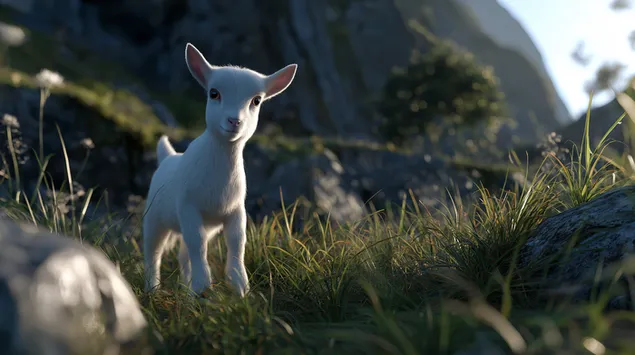 nuori vuorikauris kivisella rinteella vihrean ruohon keskella lataa