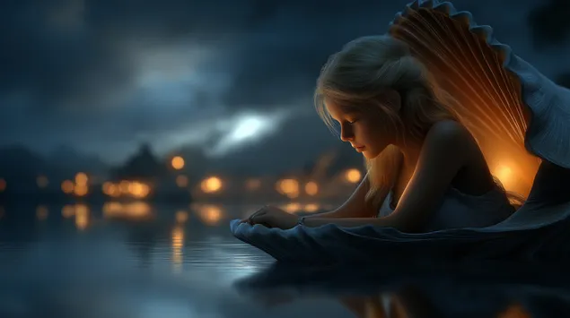 Jonk Fra a Muschel beim Waasser an der Dämmerung mat Bokeh-Luuchten 2K Tapeten
