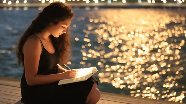 Jovem mulher escrevendo um diário com água com gás à noite 2K papel de parede