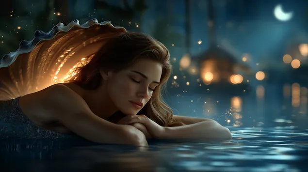 Young Woman Resting in Water with Seashell and Fireflies 2K wallpaper