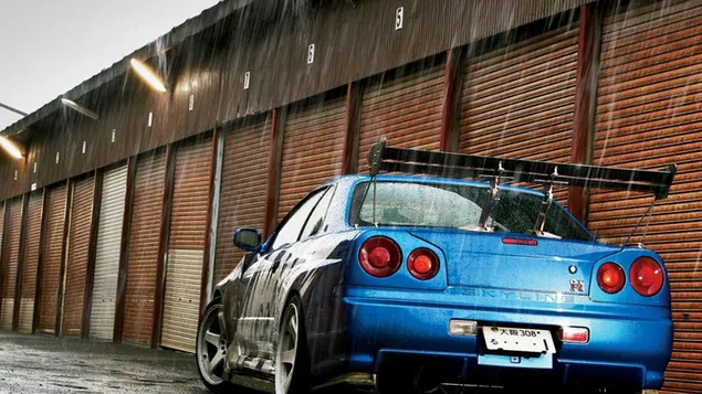 雨の下で青い日産スカイライン r-34 gtr ダウンロード